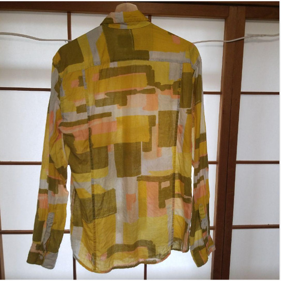 Corridor NYC LS Shirt 100% Linen Yellow and Brown Checked Patterned Made in USA - Picture 4 of 4